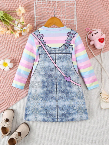 Girls Denim Jumper Dress With Cartoon Bear Print Colorful Stripe Long Sleeve, Casual Spring Autumn Dress