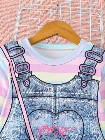 Girls Denim Jumper Dress With Cartoon Bear Print Colorful Stripe Long Sleeve, Casual Spring Autumn Dress