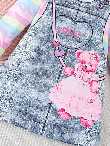 Girls Denim Jumper Dress With Cartoon Bear Print Colorful Stripe Long Sleeve, Casual Spring Autumn Dress