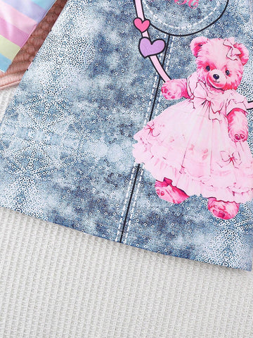 Girls Denim Jumper Dress With Cartoon Bear Print Colorful Stripe Long Sleeve, Casual Spring Autumn Dress