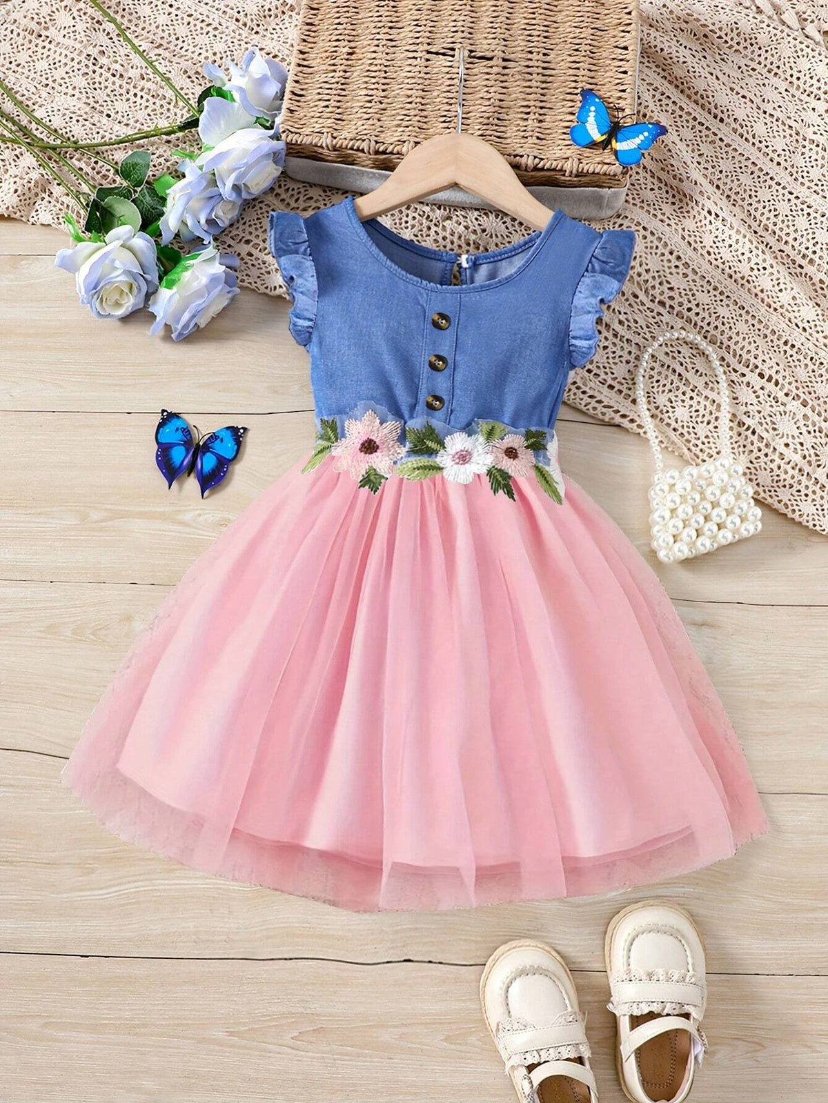 Girls' Denim Look Round Neck Short Sleeves Mesh Dress, Summer Style