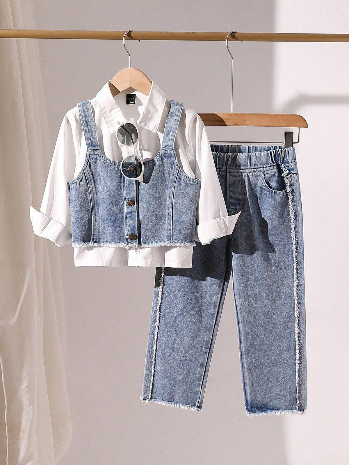 Girls' Denim Overalls With Sleeveless Shirt & Fringe Hem Pants 3-Piece Matching Set