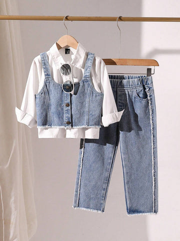 Girls' Denim Overalls With Sleeveless Shirt & Fringe Hem Pants 3-Piece Matching Set