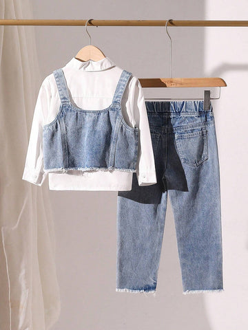 Girls' Denim Overalls With Sleeveless Shirt & Fringe Hem Pants 3-Piece Matching Set