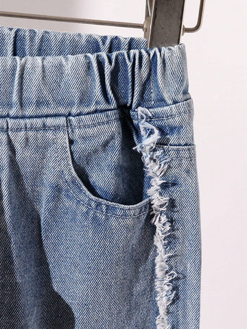 Girls' Denim Overalls With Sleeveless Shirt & Fringe Hem Pants 3-Piece Matching Set