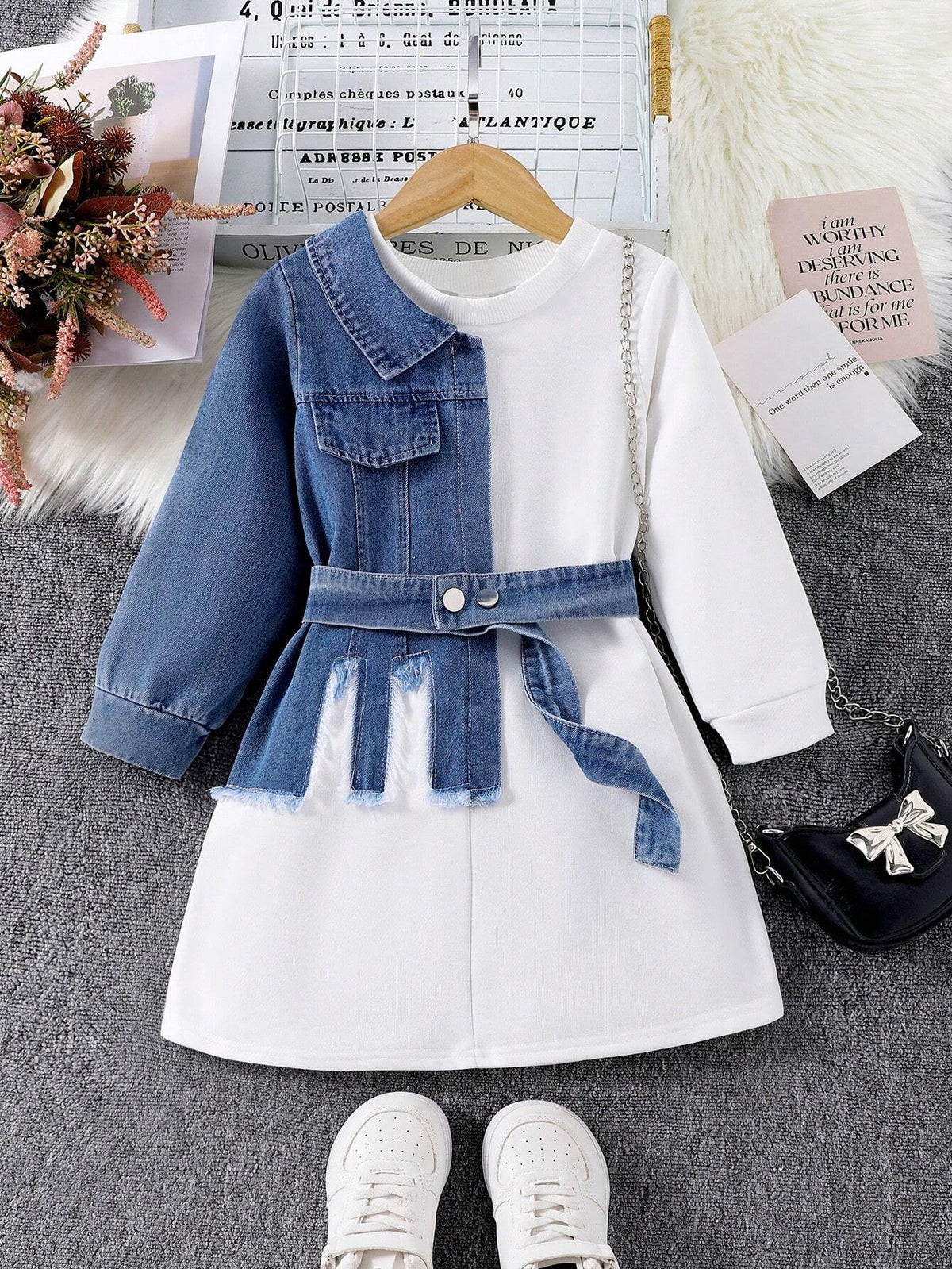 Girls Denim Patchwork Dress Elegant Cinched Waist Waist Round Neck Colorblock Denim Shirt Sweatshirt Dress, Autumn