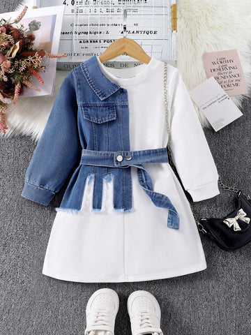 Girls Denim Patchwork Dress Elegant Cinched Waist Waist Round Neck Colorblock Denim Shirt Sweatshirt Dress, Autumn
