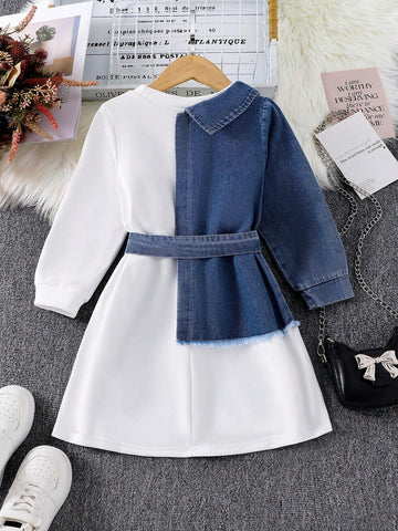 Girls Denim Patchwork Dress Elegant Cinched Waist Waist Round Neck Colorblock Denim Shirt Sweatshirt Dress, Autumn