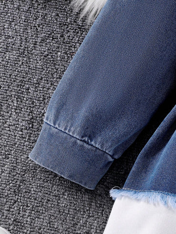 Girls Denim Patchwork Dress Elegant Cinched Waist Waist Round Neck Colorblock Denim Shirt Sweatshirt Dress, Autumn