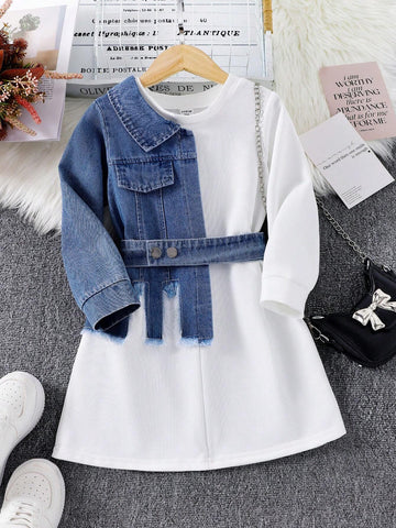 Girls Denim Patchwork Dress Elegant Cinched Waist Waist Round Neck Colorblock Denim Shirt Sweatshirt Dress, Autumn