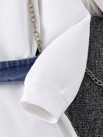 Girls Denim Patchwork Dress Elegant Cinched Waist Waist Round Neck Colorblock Denim Shirt Sweatshirt Dress, Autumn