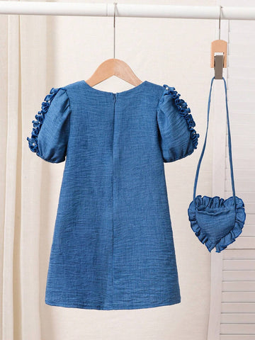 Girls' Denim Puff Sleeve Dress With A-Line Design, Loose And Comfortable Fit Fashionable And Versatile, Bubble Sleeves Creating A Three-Dimensional Suitable For Daily Casual Wear And Outdoor Activities, Ideal For Spring And Summer Seasons.