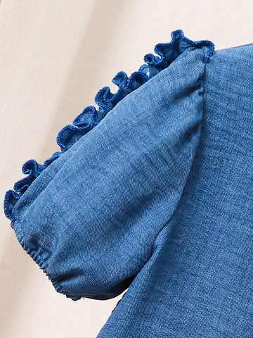 Girls' Denim Puff Sleeve Dress With A-Line Design, Loose And Comfortable Fit Fashionable And Versatile, Bubble Sleeves Creating A Three-Dimensional Suitable For Daily Casual Wear And Outdoor Activities, Ideal For Spring And Summer Seasons.