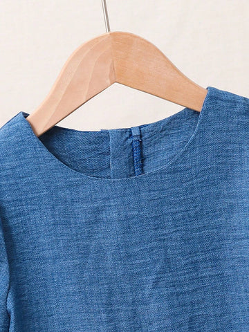 Girls' Denim Puff Sleeve Dress With A-Line Design, Loose And Comfortable Fit Fashionable And Versatile, Bubble Sleeves Creating A Three-Dimensional Suitable For Daily Casual Wear And Outdoor Activities, Ideal For Spring And Summer Seasons.