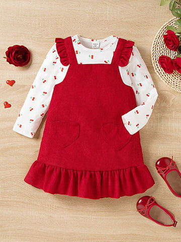 Girls Digital Print Ruffle Hem Faux 2pcs Dress With Heart Pocket, Warm And Comfortable, Cute Fashion Outerwear For Autumn/Winter