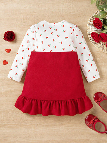 Girls Digital Print Ruffle Hem Faux 2pcs Dress With Heart Pocket, Warm And Comfortable, Cute Fashion Outerwear For Autumn/Winter