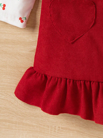 Girls Digital Print Ruffle Hem Faux 2pcs Dress With Heart Pocket, Warm And Comfortable, Cute Fashion Outerwear For Autumn/Winter