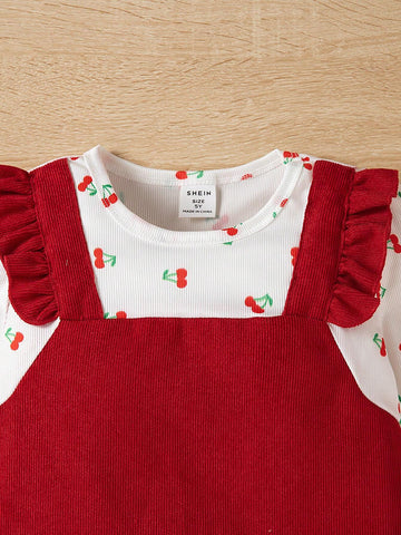 Girls Digital Print Ruffle Hem Faux 2pcs Dress With Heart Pocket, Warm And Comfortable, Cute Fashion Outerwear For Autumn/Winter