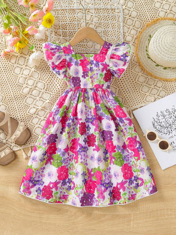 Girls' Ditsy Floral Dress With Flared Sleeves, Bohemian Style Summer Beachwear For Children