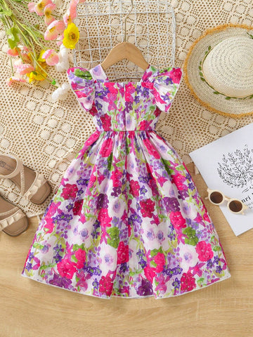 Girls' Ditsy Floral Dress With Flared Sleeves, Bohemian Style Summer Beachwear For Children