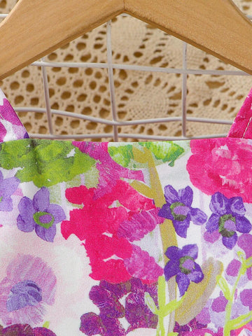 Girls' Ditsy Floral Dress With Flared Sleeves, Bohemian Style Summer Beachwear For Children