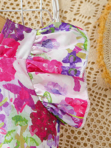 Girls' Ditsy Floral Dress With Flared Sleeves, Bohemian Style Summer Beachwear For Children