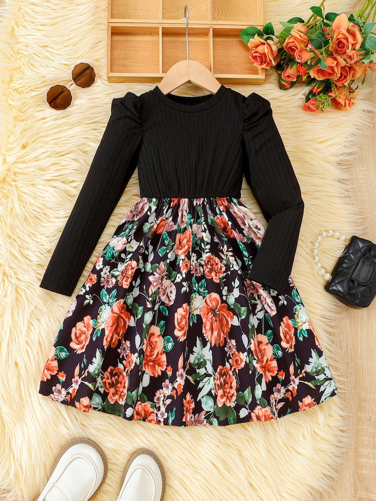 Girls Ditsy Floral Long Sleeve Casual Dress, Autumn
