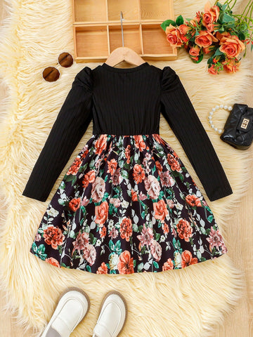Girls Ditsy Floral Long Sleeve Casual Dress, Autumn