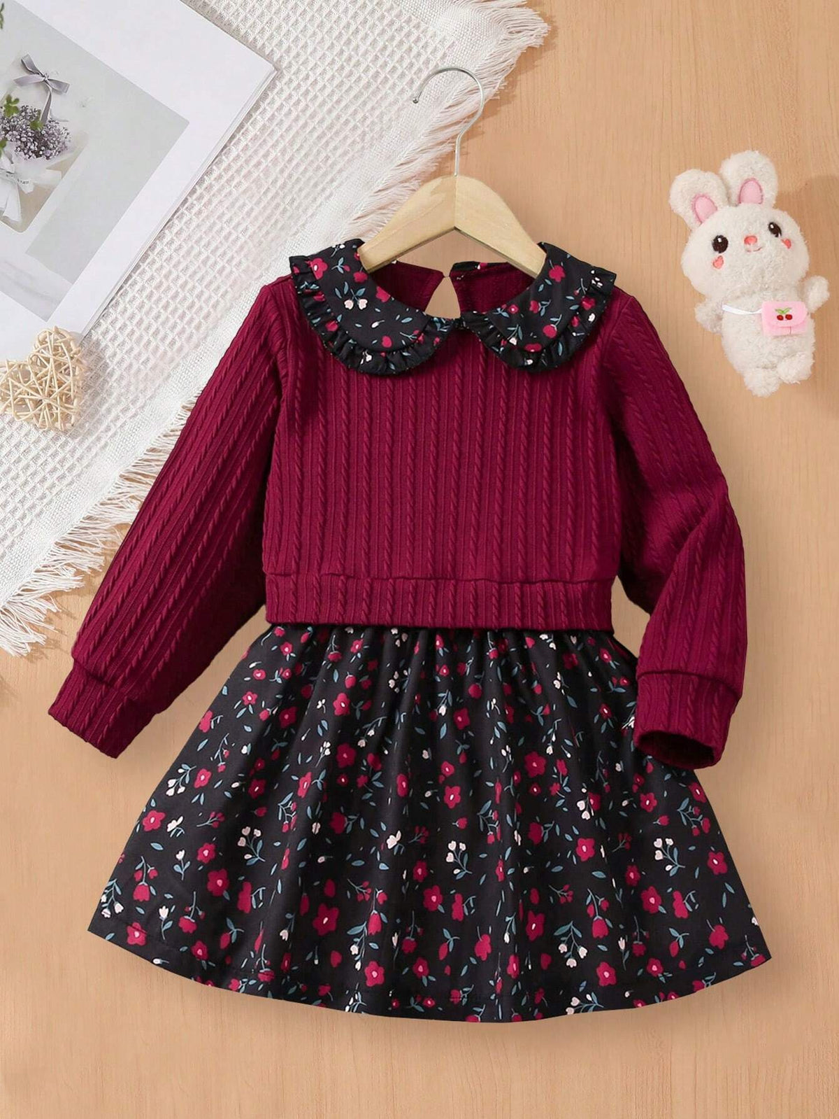 Girls Ditsy Floral Patchwork Turn-Down Collar Long Sleeve Dress, Spring/Autumn