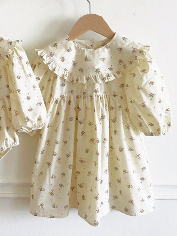 Girls Ditsy Floral Puff Sleeve Ruffle Collar Princess Dress, Autumn/Spring