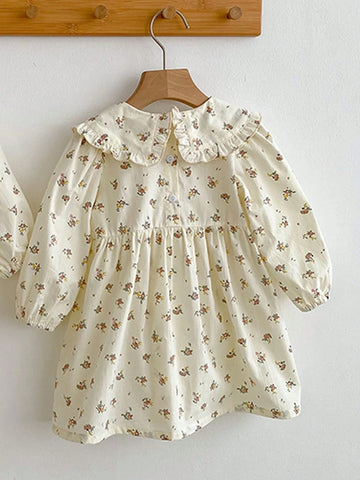 Girls Ditsy Floral Puff Sleeve Ruffle Collar Princess Dress, Autumn/Spring