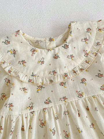 Girls Ditsy Floral Puff Sleeve Ruffle Collar Princess Dress, Autumn/Spring