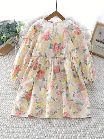 Girls Ditsy Floral Ruffle Collar Lace Patchwork Puff Sleeve Casual Midi Dress, Fall