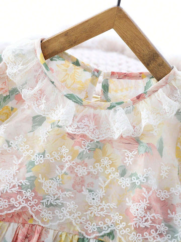 Girls Ditsy Floral Ruffle Collar Lace Patchwork Puff Sleeve Casual Midi Dress, Fall