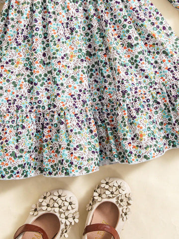 Girls Ditsy Floral Ruffle Trim Long Sleeve Dress, Fresh And Elegant Floral Design, Featuring Ruffle Details, Princess Style Long Sleeve Dress