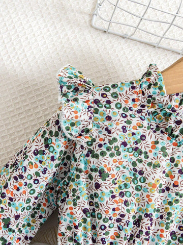 Girls Ditsy Floral Ruffle Trim Long Sleeve Dress, Fresh And Elegant Floral Design, Featuring Ruffle Details, Princess Style Long Sleeve Dress