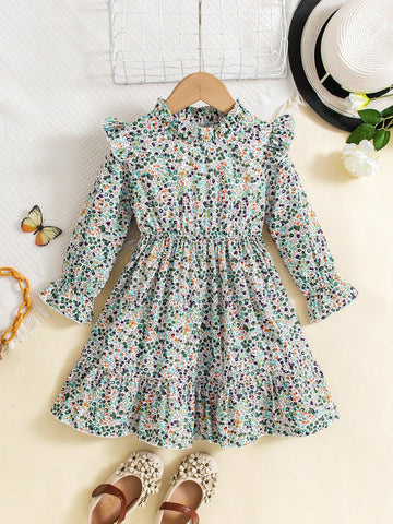 Girls Ditsy Floral Ruffle Trim Long Sleeve Dress, Fresh And Elegant Floral Design, Featuring Ruffle Details, Princess Style Long Sleeve Dress