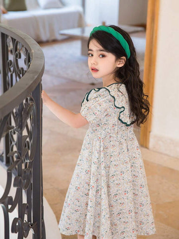Girls' Ditsy Floral Short Sleeve Casual Dress, Thin Fabric, Spring/Summer