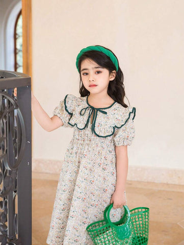 Girls' Ditsy Floral Short Sleeve Casual Dress, Thin Fabric, Spring/Summer