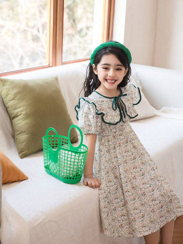 Girls' Ditsy Floral Short Sleeve Casual Dress, Thin Fabric, Spring/Summer