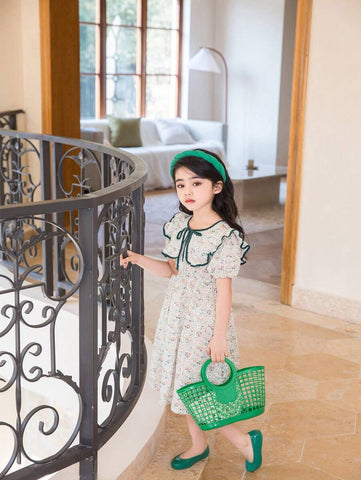 Girls' Ditsy Floral Short Sleeve Casual Dress, Thin Fabric, Spring/Summer