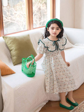 Girls' Ditsy Floral Short Sleeve Casual Dress, Thin Fabric, Spring/Summer