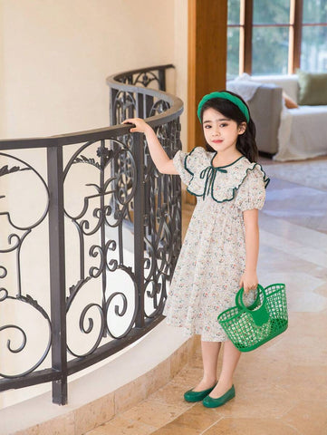 Girls' Ditsy Floral Short Sleeve Casual Dress, Thin Fabric, Spring/Summer