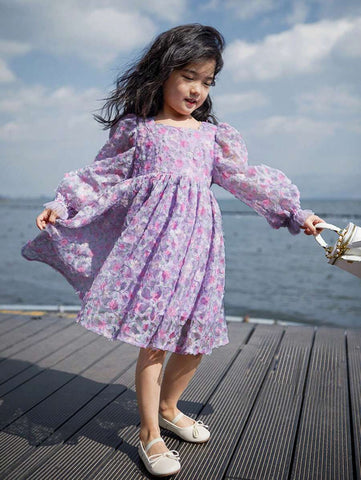 Girls Ditsy Floral Square Neck Puff Sleeve Mesh Dress, Spring