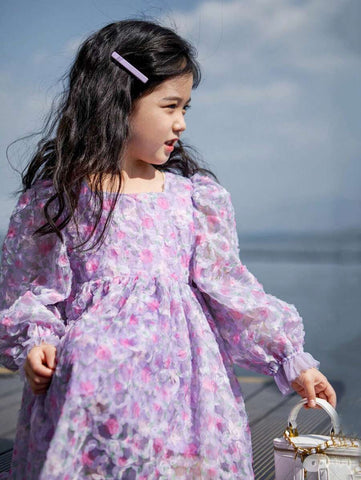 Girls Ditsy Floral Square Neck Puff Sleeve Mesh Dress, Spring