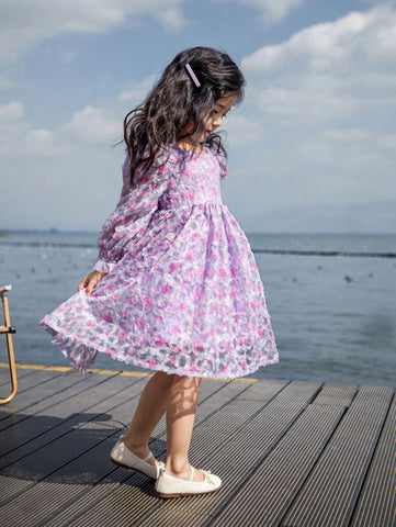 Girls Ditsy Floral Square Neck Puff Sleeve Mesh Dress, Spring