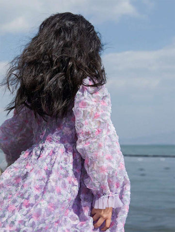 Girls Ditsy Floral Square Neck Puff Sleeve Mesh Dress, Spring