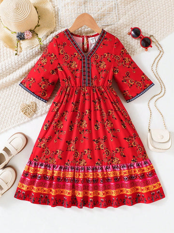 Girls' Ditsy Floral V-Neck Design Patchwork Ditsy Ditsy Floral, Suitable For Spring/Summer Vacation