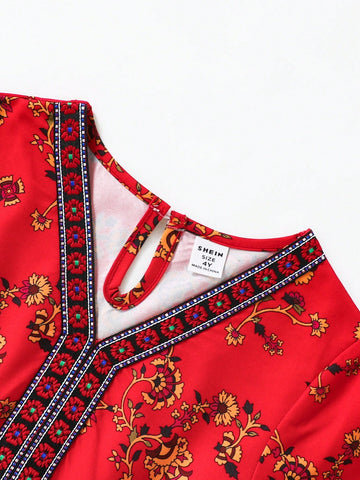 Girls' Ditsy Floral V-Neck Design Patchwork Ditsy Ditsy Floral, Suitable For Spring/Summer Vacation
