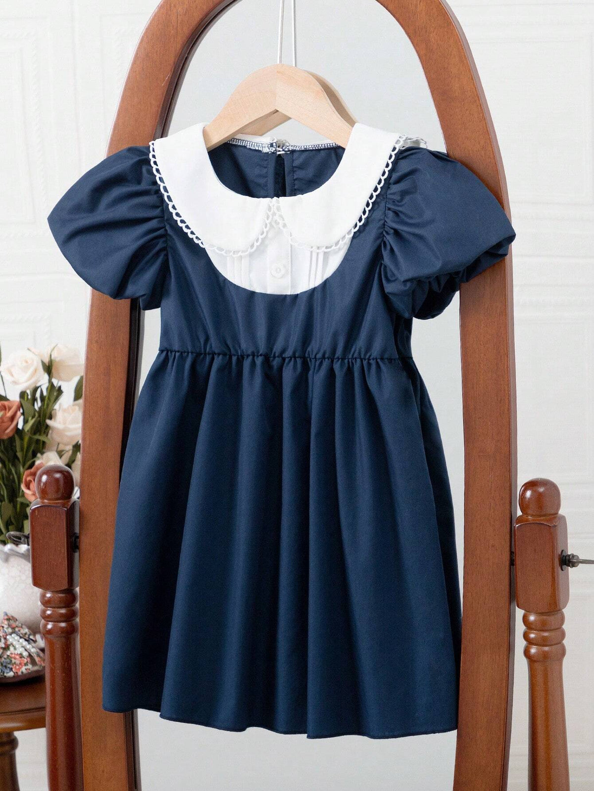 Girls' Doll Collar Puff Sleeve Casual Dress, Suitable For Vacation, Travel, And Party In Summer